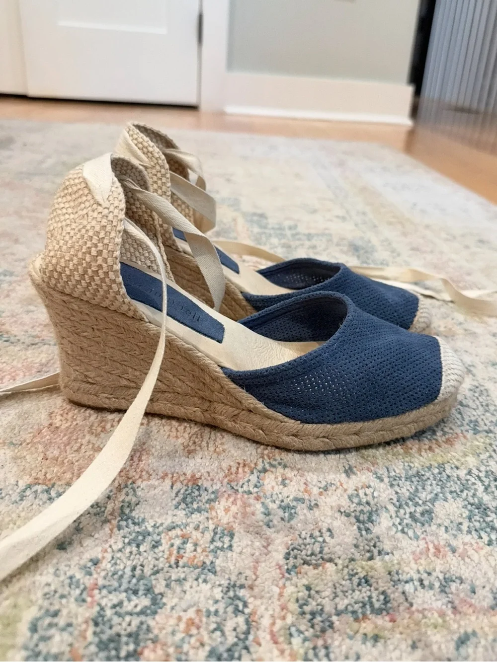 Jeffrey Campbell Adorra Espadrille Wedge in blue punched suede w Cream Ankle Tie